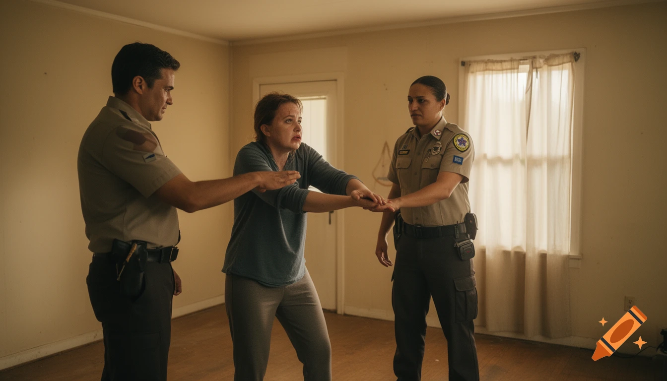 Two emergency service workers calmly engage with a distressed woman in an indoor setting, simulating a medical training scenario.