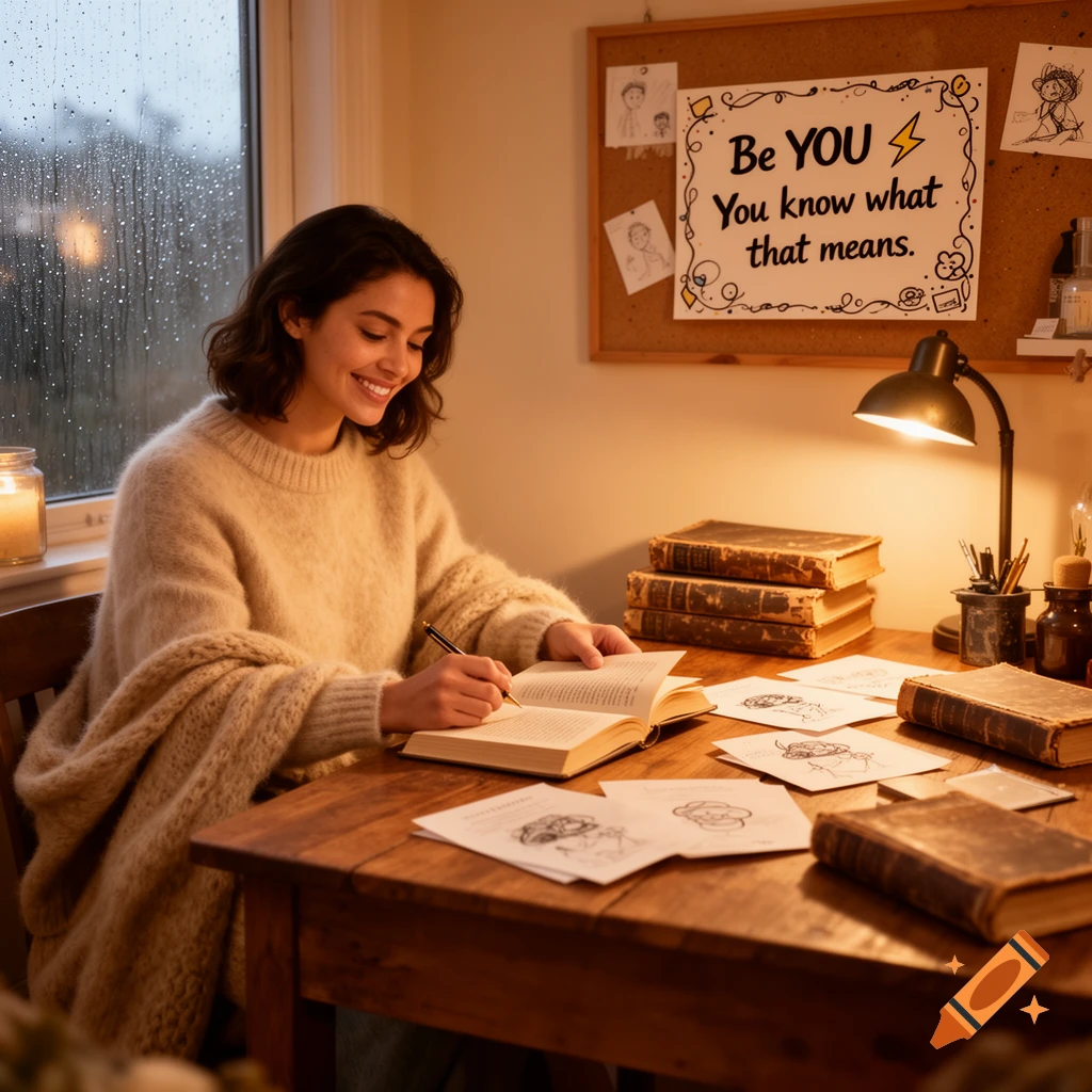 Smiling woman in a beige sweater writes in a book at a wooden desk with old books, papers, a lamp, and a cork board with 'Be YOU' text. Rain outside the window.