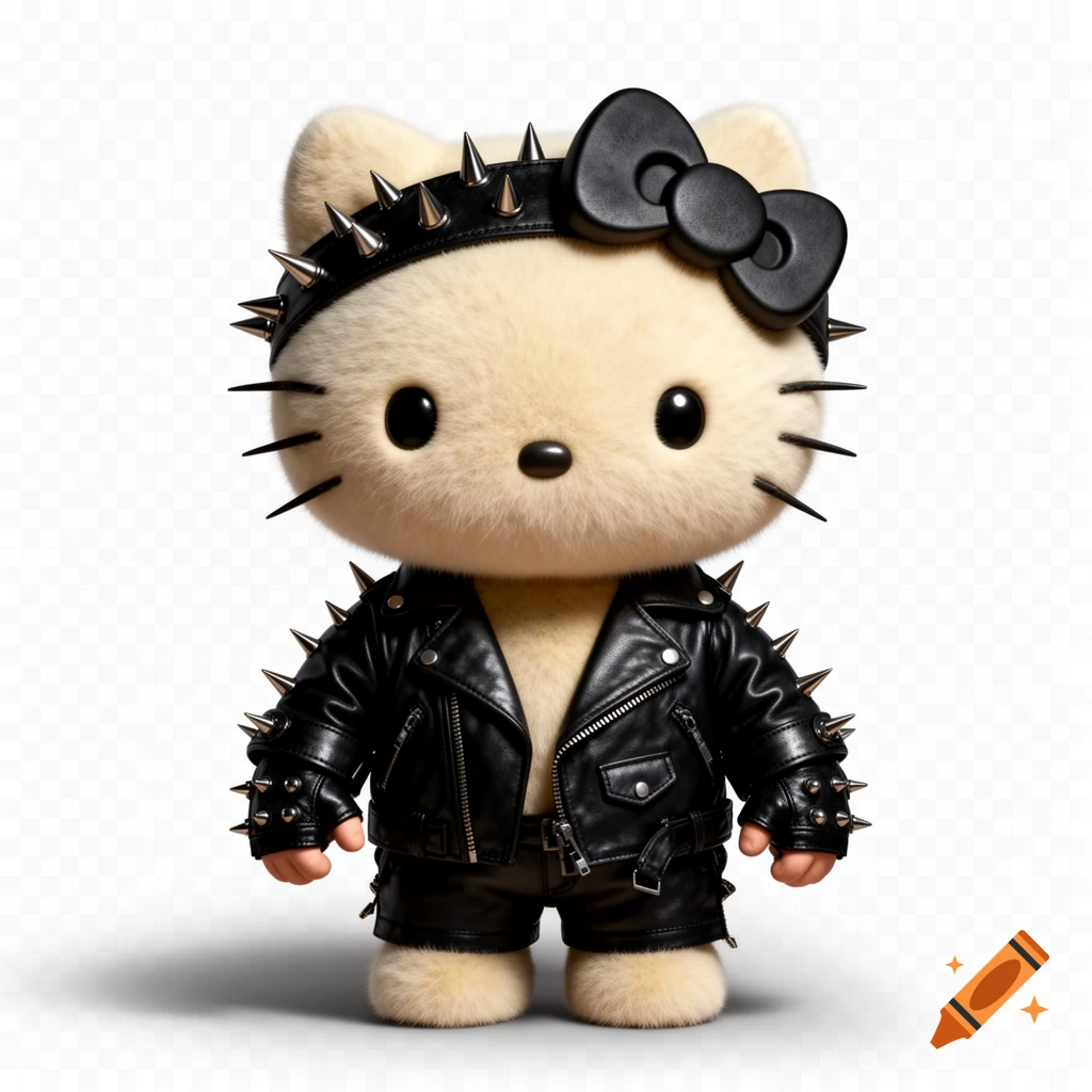 A Hello Kitty character dressed in a goth punk outfit with a black leather jacket, spiked headband, and bow on a transparent background.
