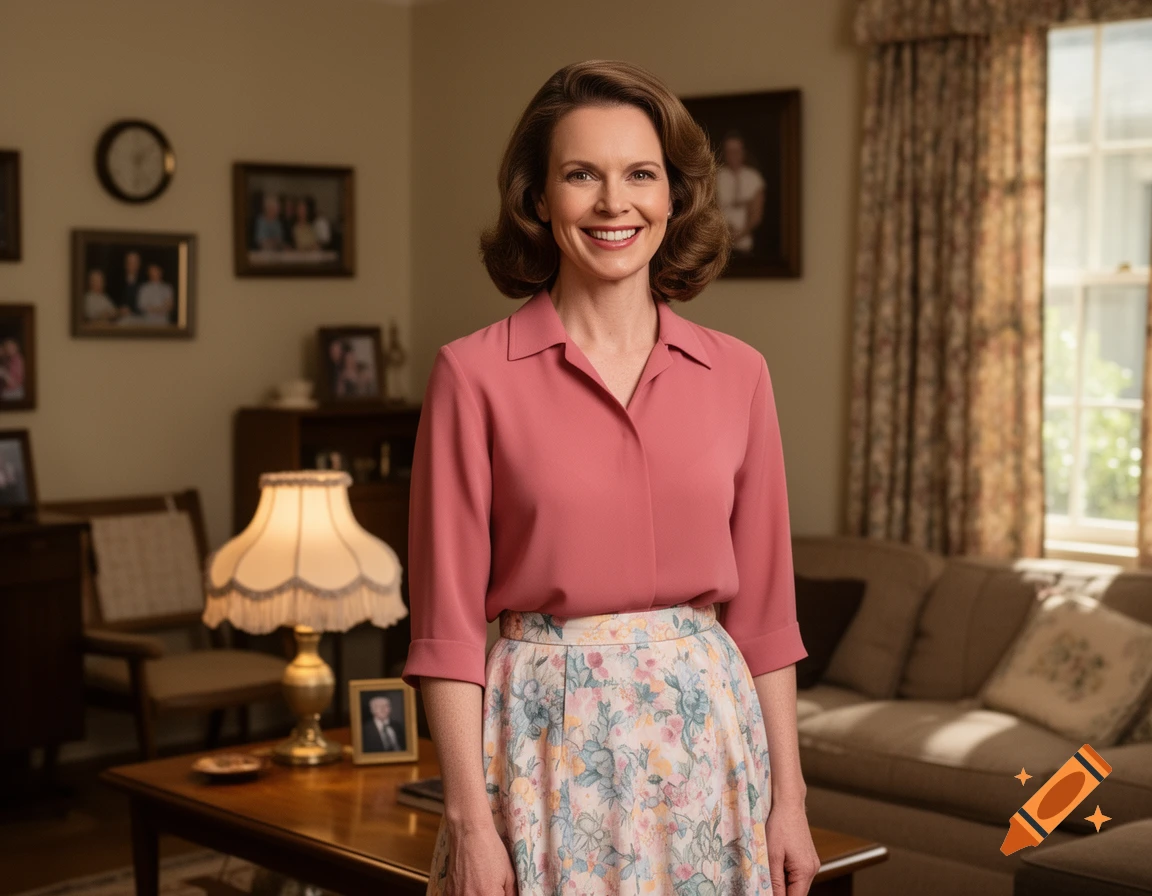 A smiling woman in a pink shirt and floral skirt stands in a vintage-style living room.