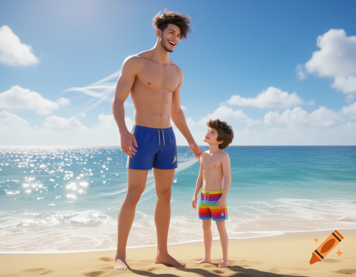 A smiling, muscular man in blue swim shorts stands on a sunny beach, looking down at a small boy in rainbow swim shorts.