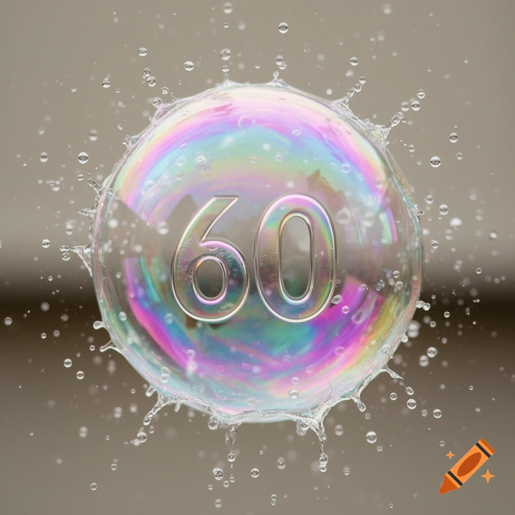 A vibrant, iridescent bubble with the number 60 inside, surrounded by splashing water droplets.