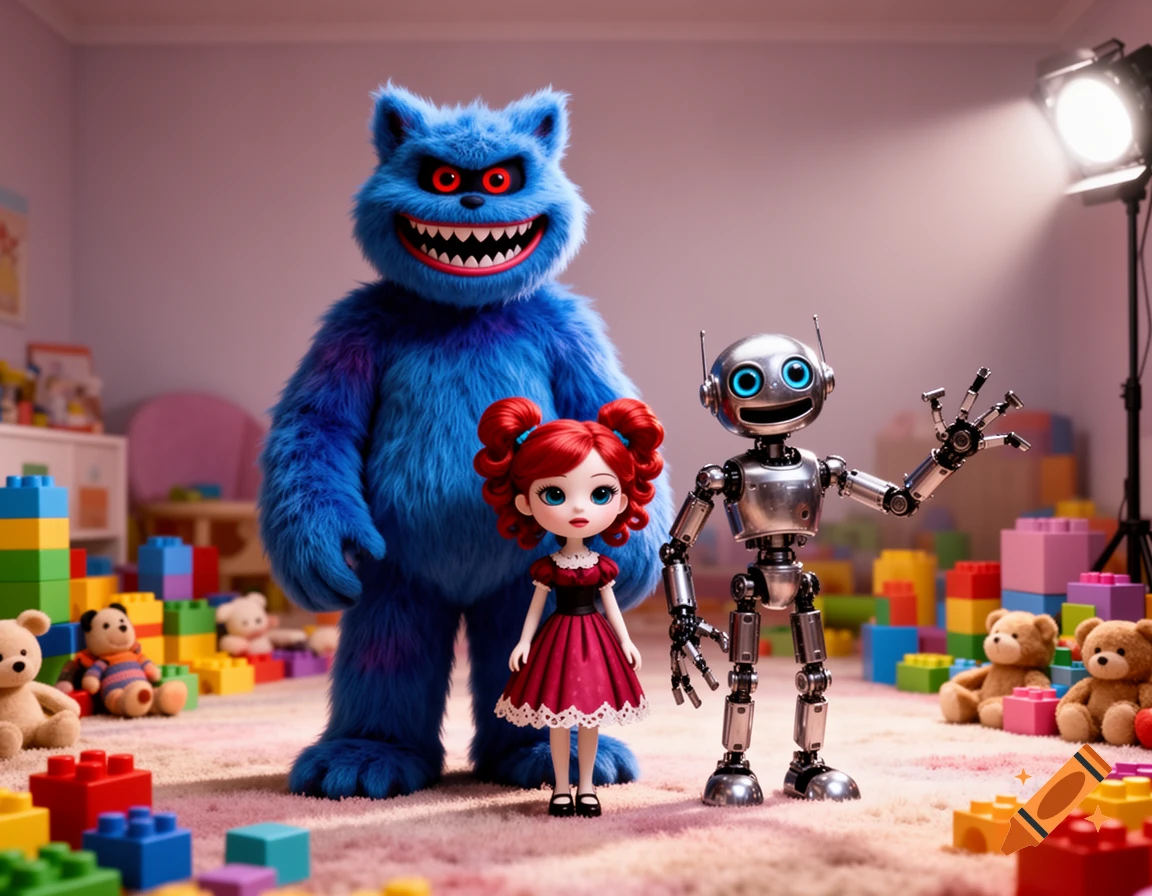 A blue furry monster, a red-haired doll, and a silver robot stand in a toy-filled playroom, surrounded by blocks and teddy bears. Photorealistic 3D render.