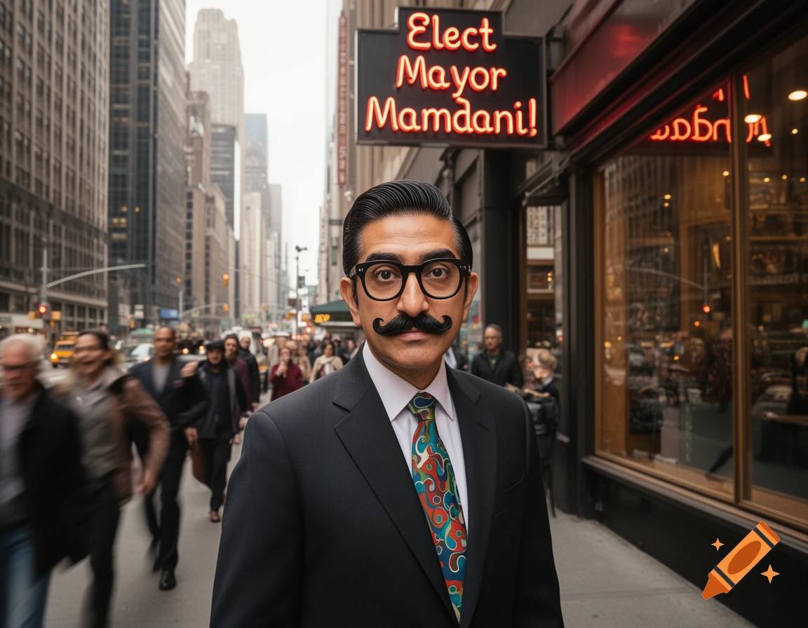 Photorealistic portrait of a man with a mustache and glasses in a suit on a bustling city street, a neon sign reads 'Elect Mayor Mamdani!'