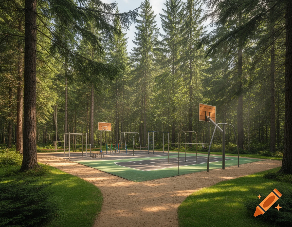 A sports ground with a basketball court nestled within a dense, sunlit forest with tall pine trees and a winding dirt path.