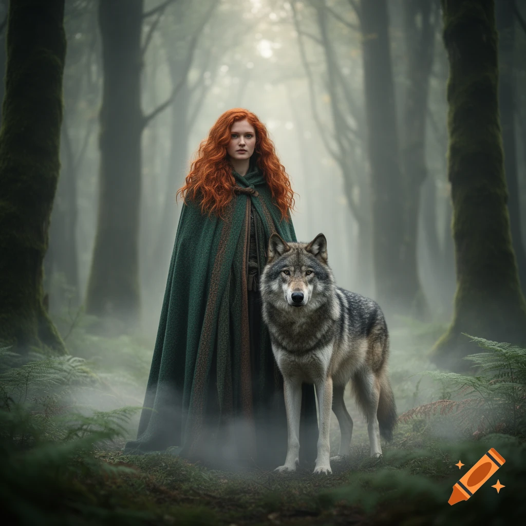 A red-haired woman in a dark cloak stands next to a wolf in a foggy, dark forest, photorealistic.