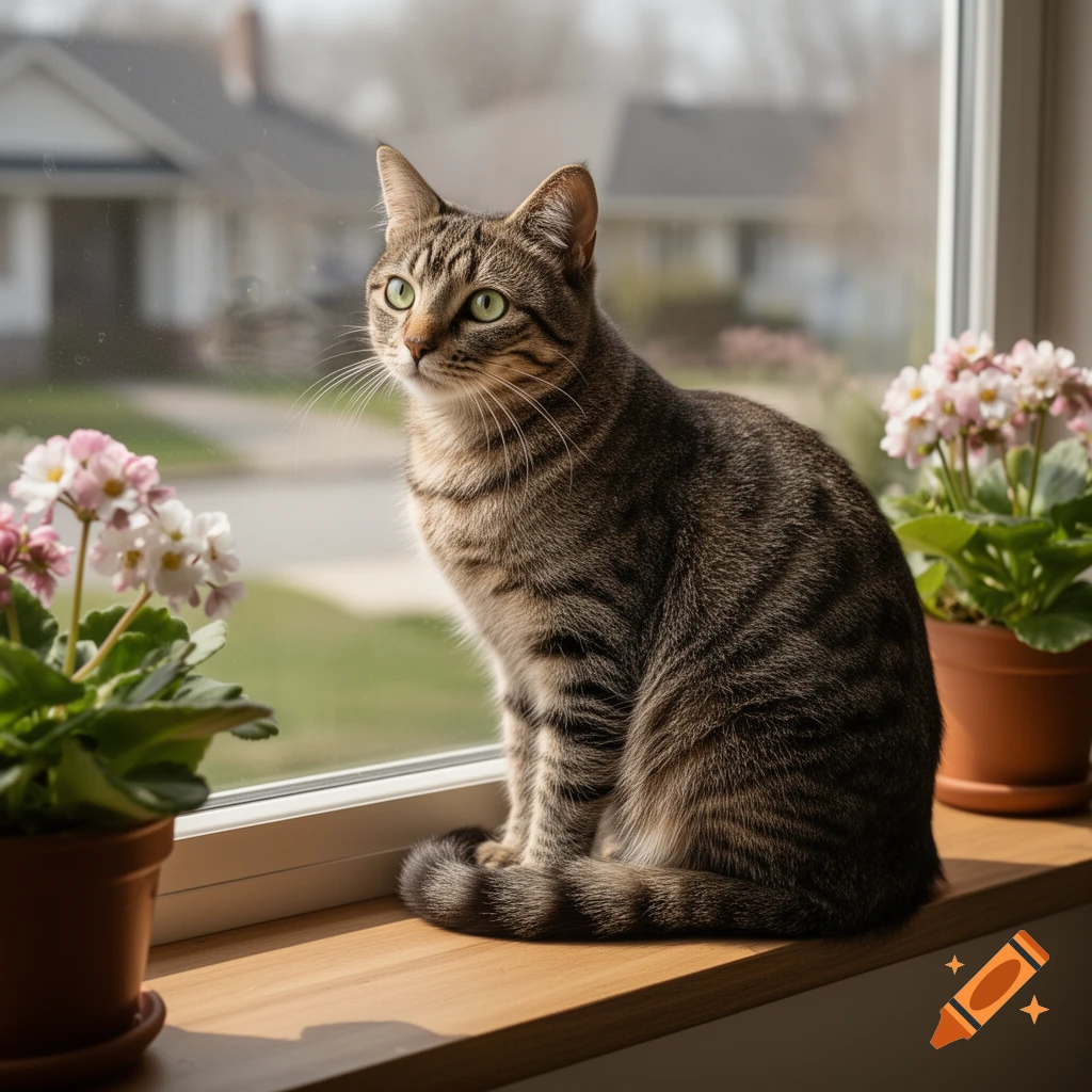 A photorealistic tabby cat with green eyes sits on a wooden windowsill beside pink flowers, gazing out at a suburban street.