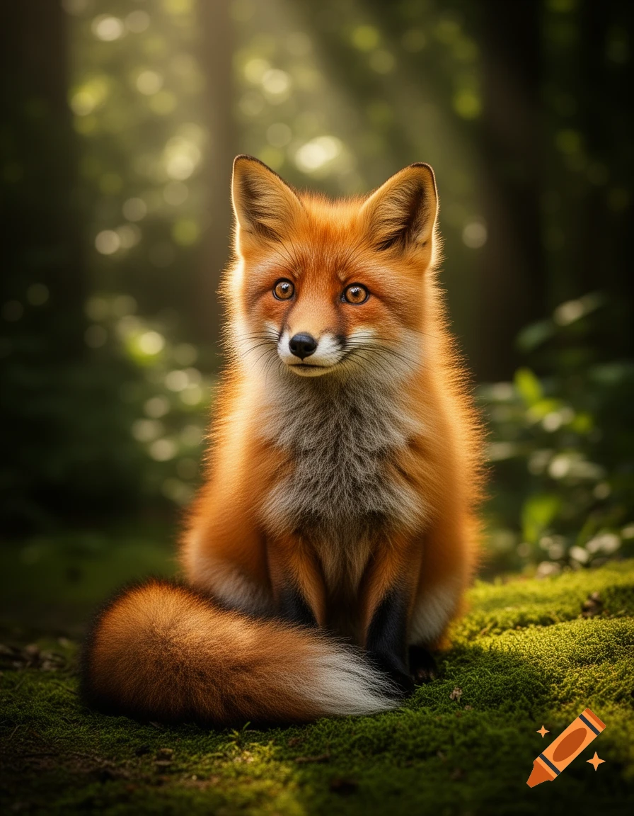 A vibrant red fox with white and black markings sits on lush green moss in a sun-dappled forest, looking forward.