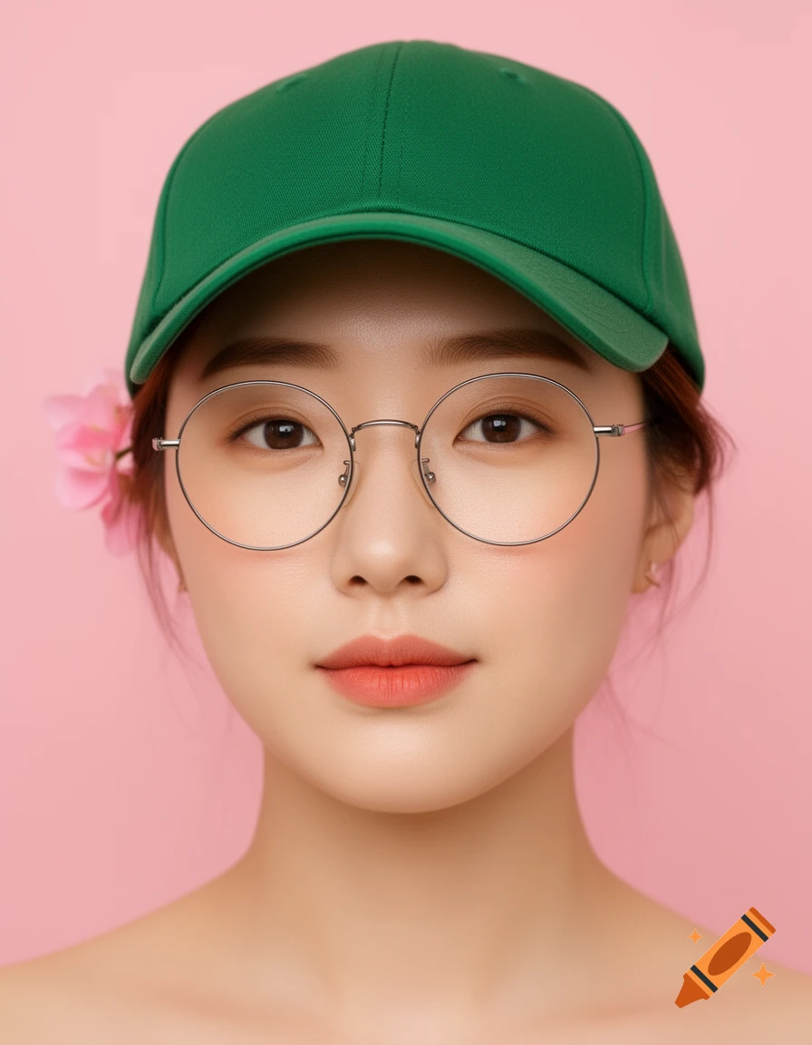 A young woman with a green baseball cap, round glasses, and a pink flower behind her left ear, against a pink background.