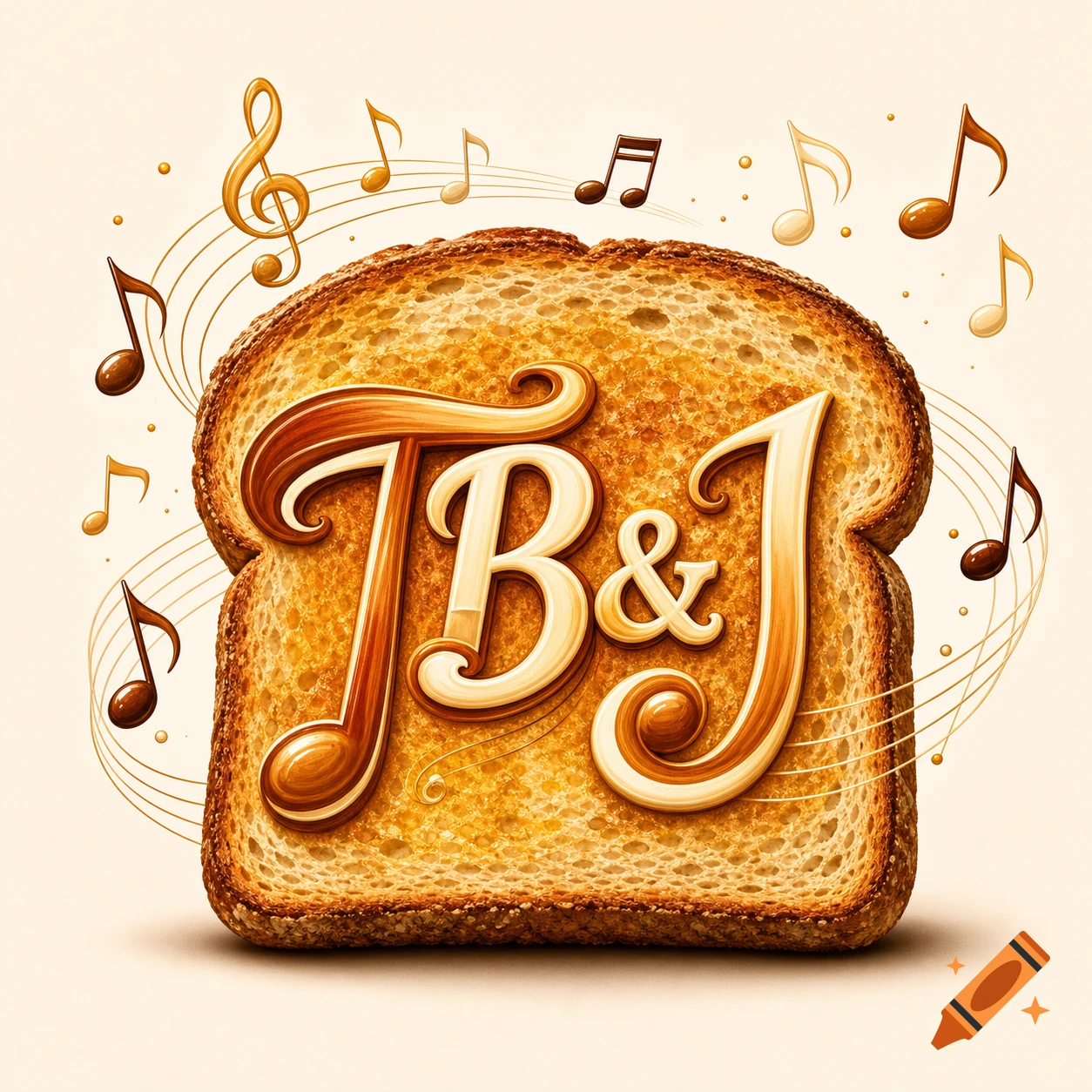 A golden-brown toast slice with glossy, creamy letters "TB&J" and musical notes floating around it.