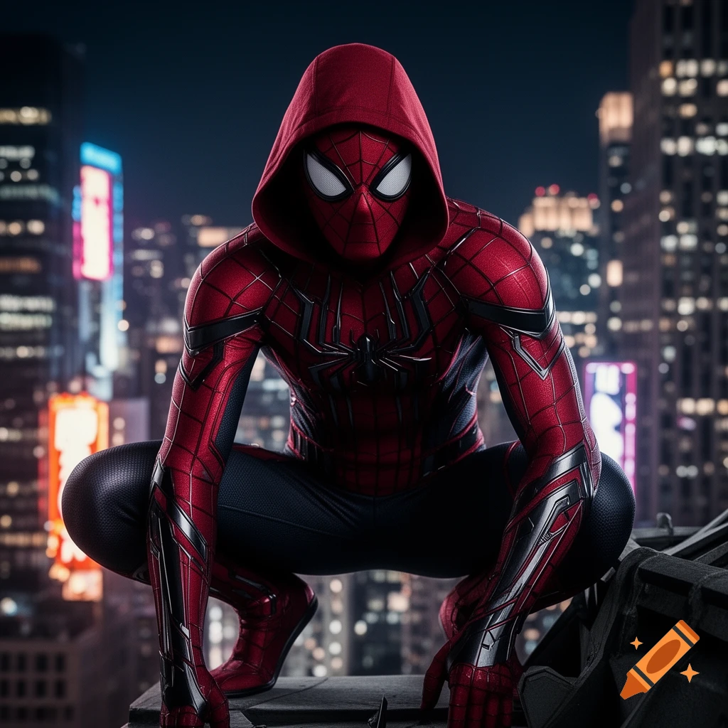 Spider-Man in a dark red hooded suit crouches on a rooftop at night, overlooking a city with illuminated buildings.