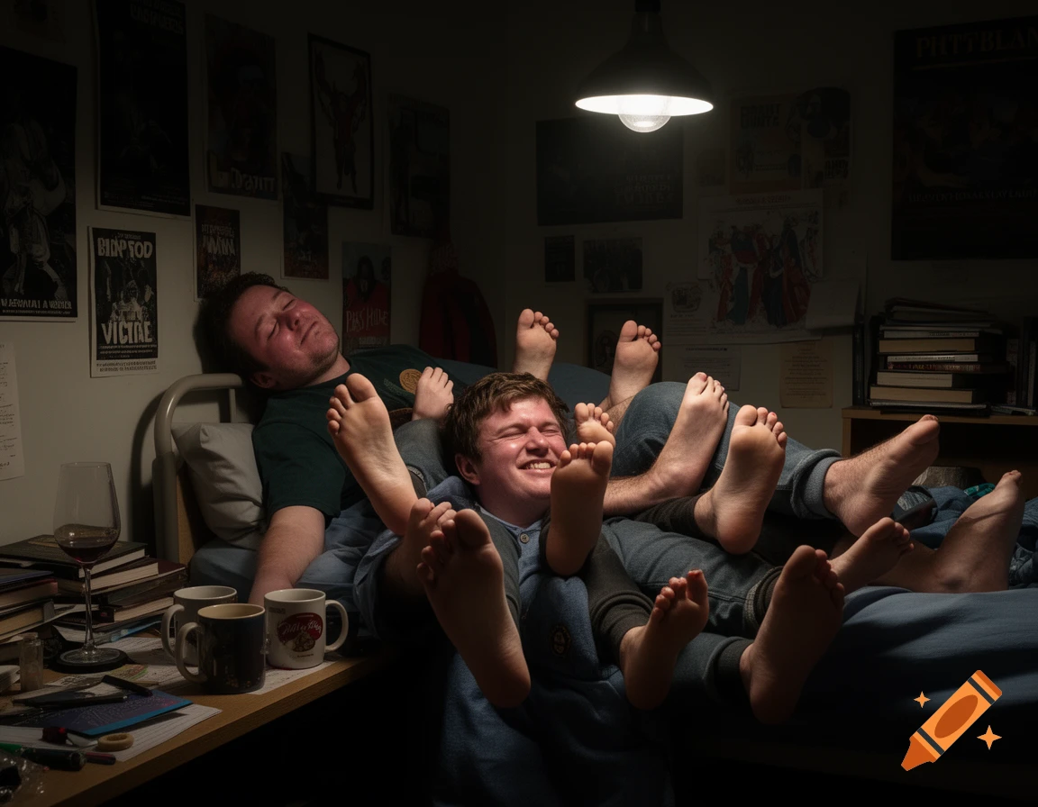Two men in a dimly lit dorm room, one sleeping and another smiling, surrounded by many pairs of feet.