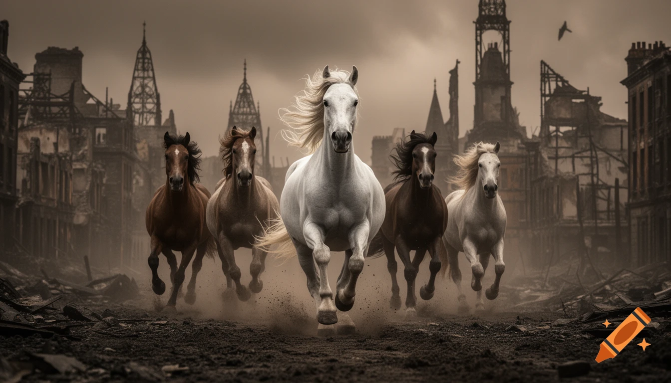 Five horses, led by a white horse, gallop forward through a desolate, destroyed Victorian city under a cloudy sky.