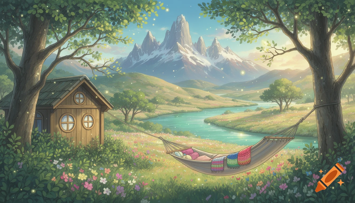 A whimsical Studio Ghibli-style landscape with a wooden cabin, a hammock, a winding river, and distant snow-capped mountains.