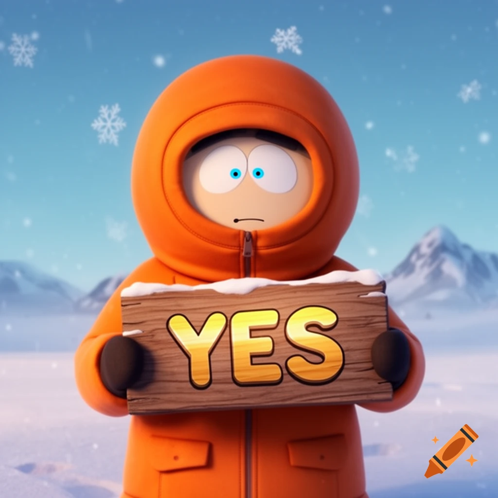 A 3D animated Kenny McCormick in his orange parka stands in a snowy landscape, holding a wooden sign that reads "YES".