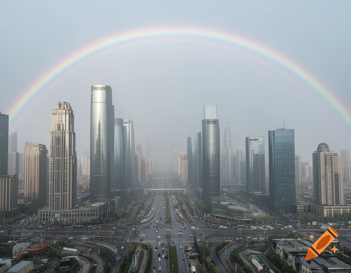 A wide shot of a modern city skyline with numerous skyscrapers and highways, with a vibrant rainbow arcing across the overcast sky.