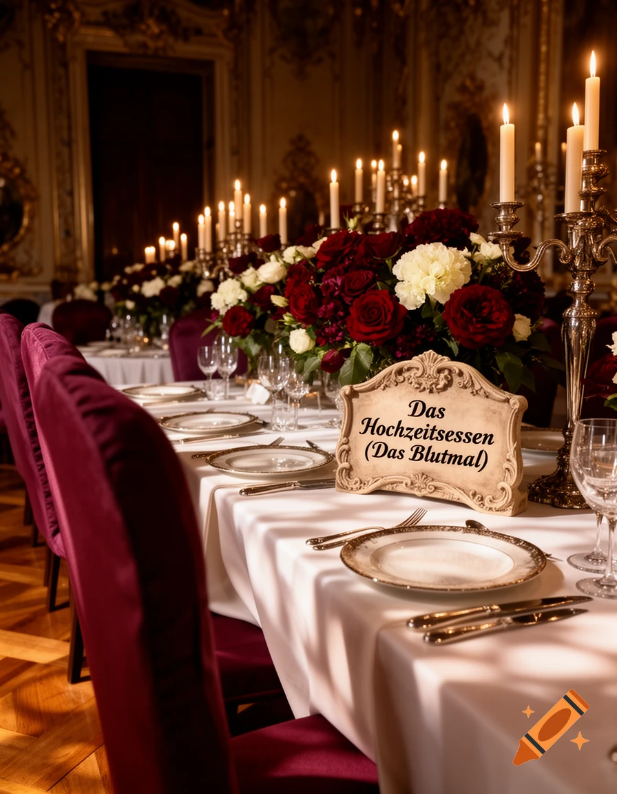 A lavishly set dining table in a grand hall, decorated with red and white floral centerpieces, lit candelabras, and place settings. A sign on the table reads "Das Hochzeitsessen (Das Blutmal)".