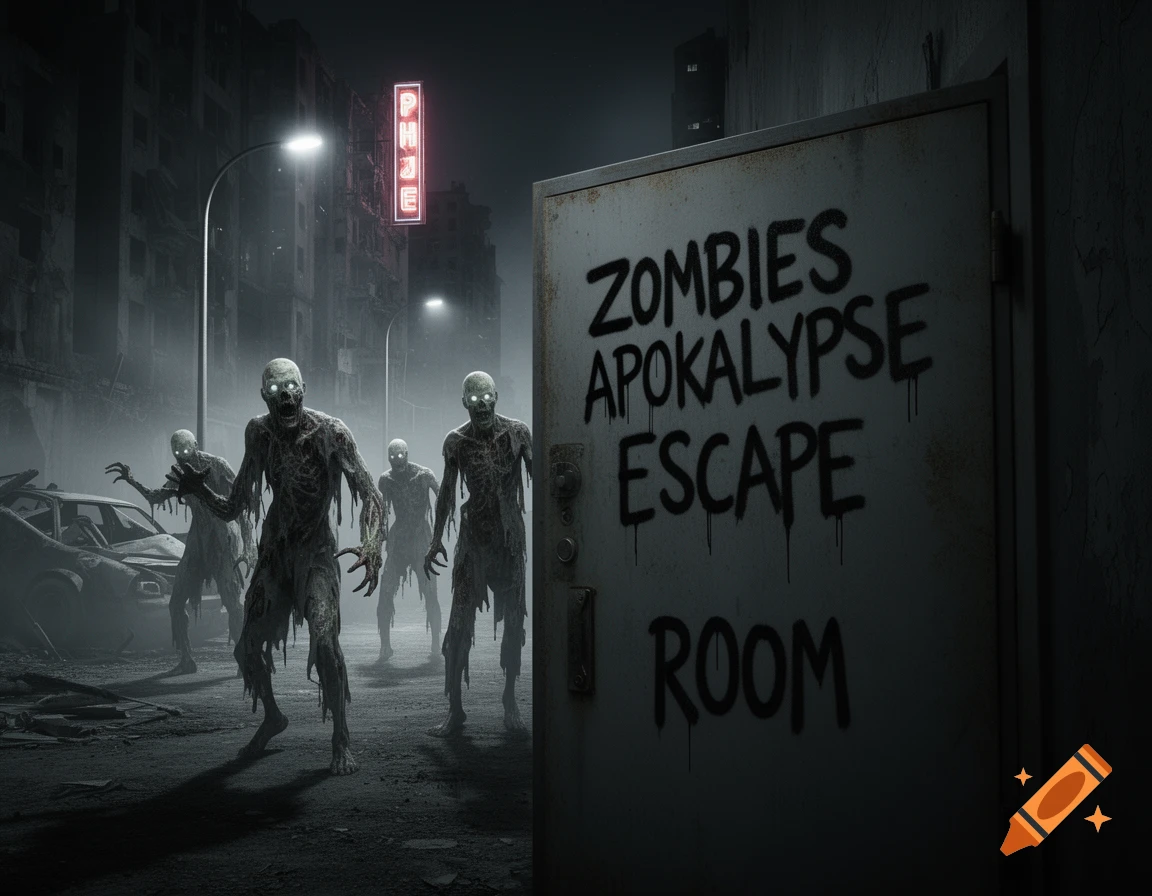 Five glowing-eyed zombies in an urban apocalypse, with a steel door featuring "ZOMBIES APOKALYPSE ESCAPE ROOM" graffiti in the foreground.
