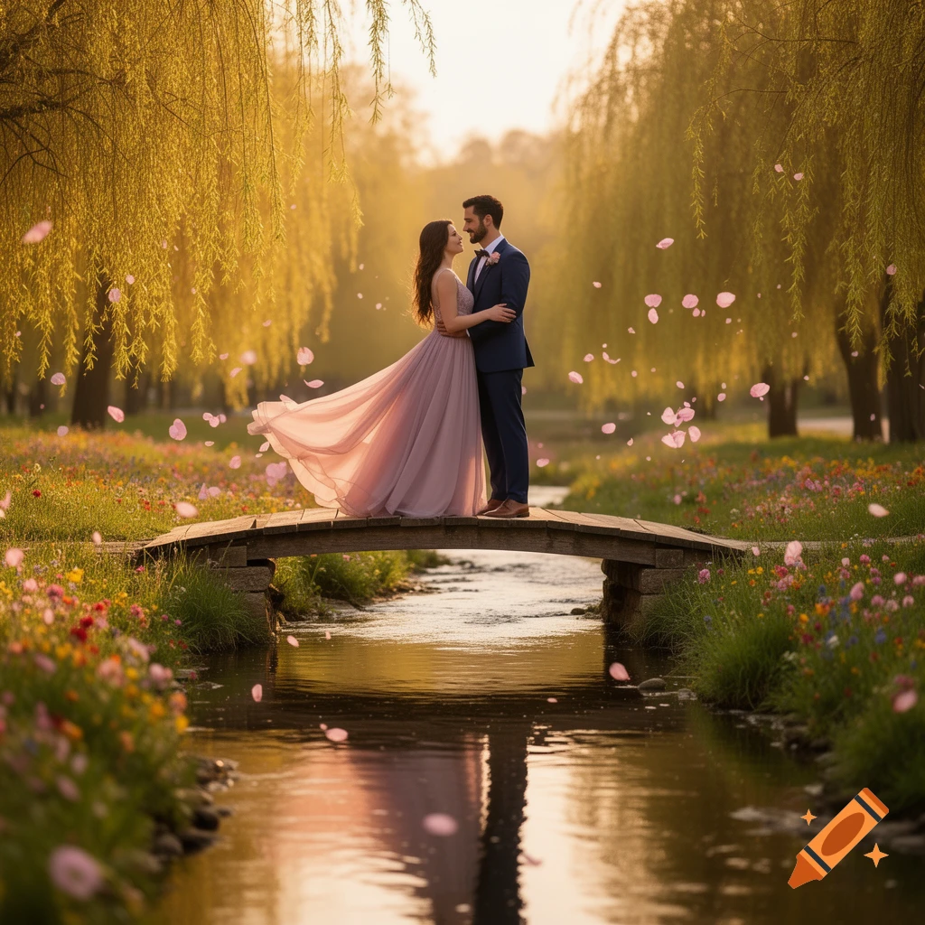 Romantic couple on a wooden bridge, surrounded by wildflowers and willow trees with falling petals at sunset.