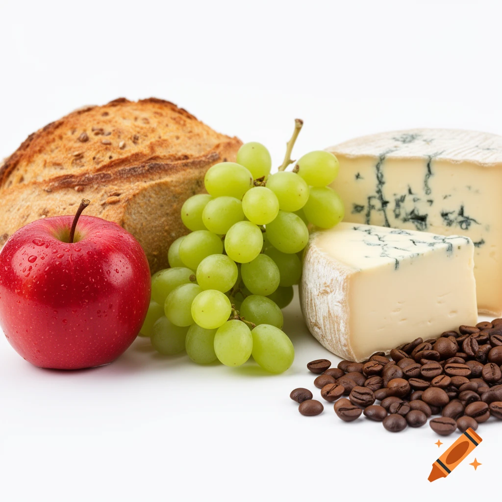 A still life arrangement of a red apple, green grapes, a loaf of bread, blue cheese, and coffee beans on a white background.