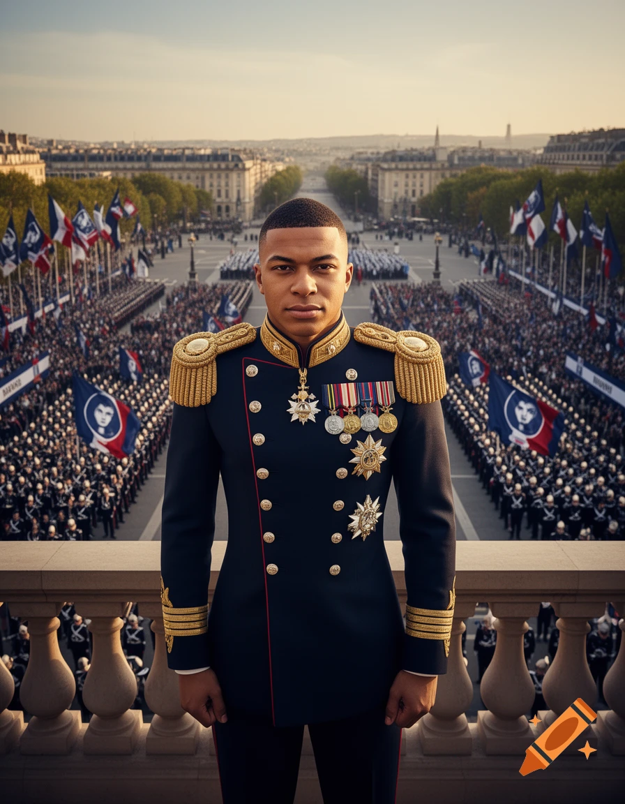 A man resembling Kylian Mbappé in a military uniform stands on a balcony overlooking a grand parade in a European city.