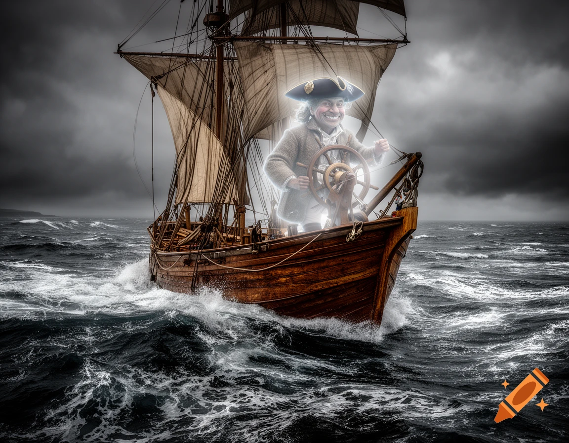 A smiling, glowing Klabautermann ghost steers a wooden sailing ship through rough, dark seas under a stormy sky.
