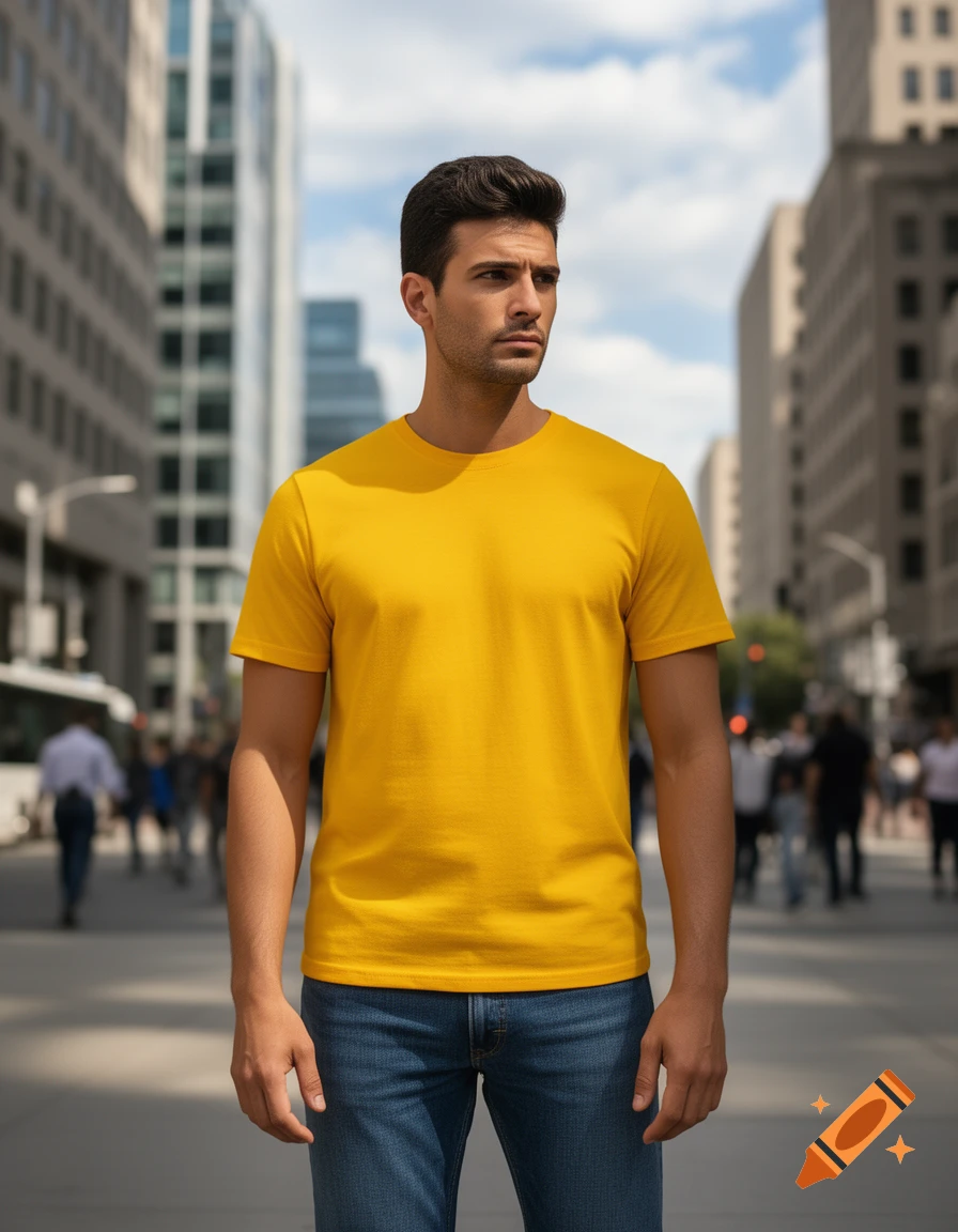 A man wearing a bright yellow t-shirt and blue jeans stands on a sunny city street with blurred buildings and people in the background.