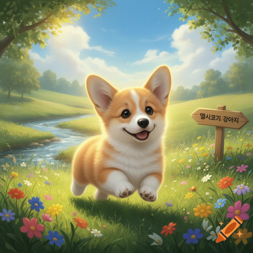 A cute, fluffy corgi puppy bounds through a sunny field of colorful wildflowers next to a stream in a cartoon illustration.
