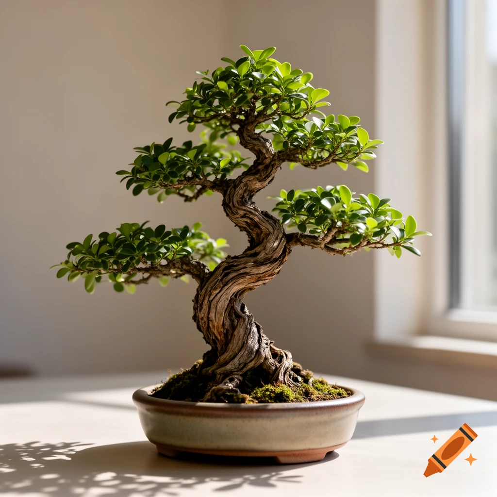 A beautifully gnarled bonsai tree with vibrant green leaves in a ceramic pot, bathed in sunlight near a window.
