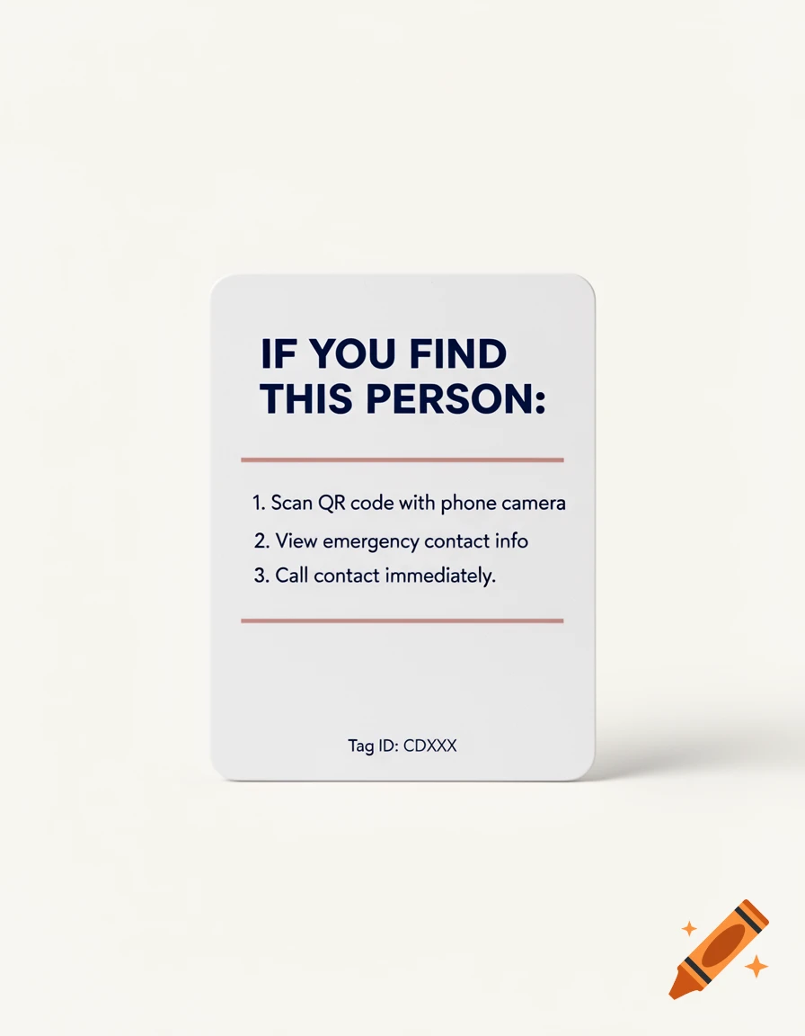 A photorealistic image of a vertical ID card with instructions to find a person, including scanning a QR code and emergency contact info, on a clean off-white background.