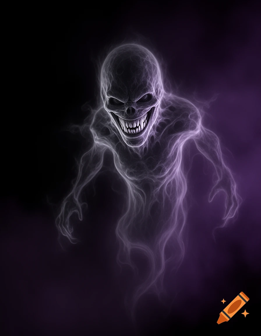 A menacing, translucent purple and white ghost with a skull-like head and sharp grin, emerging from a dark, smoky background.