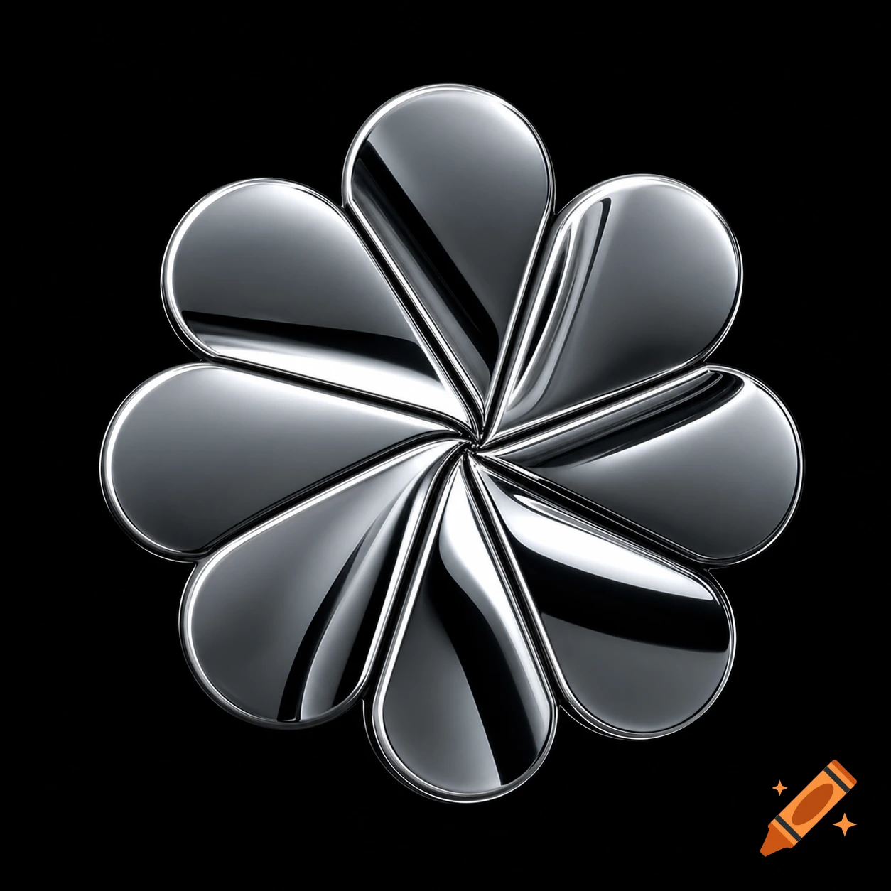 A shiny metallic abstract pinwheel-shaped icon with a highly reflective silver texture on a pure black background.