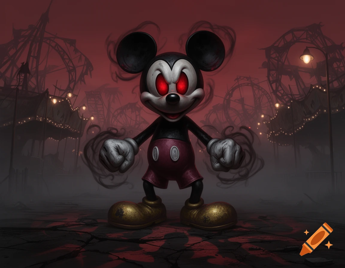 Evil Mickey Mouse with red eyes and dark smoke stands in a ruined, red-hued amusement park.