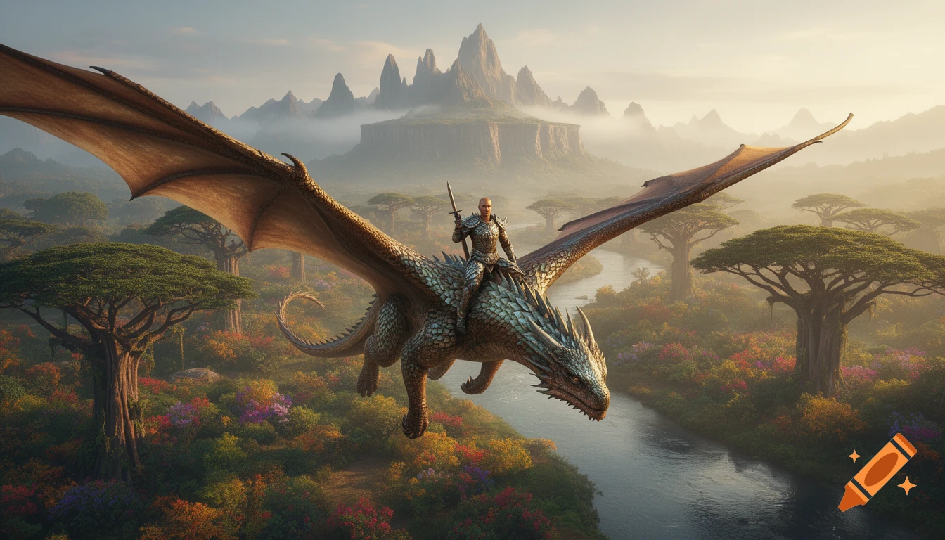 A knight in armor rides a large dragon with green and silver scales, flying over a lush, colorful river landscape with exotic trees and misty mountains in the distance at dawn.