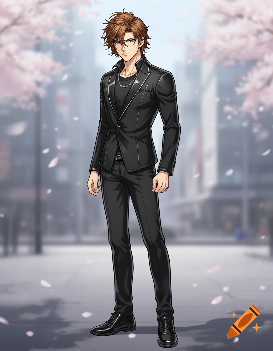 Full-body anime man with brown hair and blue eyes, wearing a black suit and chain necklace, standing outdoors with cherry blossom petals.