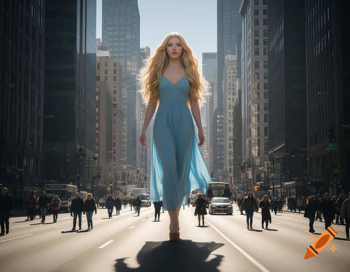 A huge blonde woman in a light blue dress walks down a busy city street, dwarfing people and vehicles.