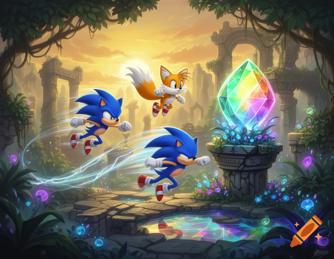Sonic and Tails race through ancient ruins in a lush jungle toward a glowing rainbow emerald at sunset, stylized digital art.