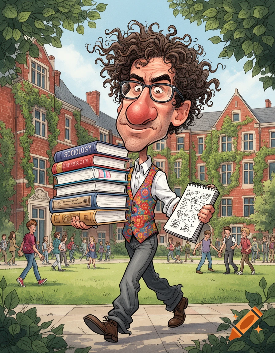 Caricature of a man with curly hair and glasses, wearing a patterned vest, walking with a stack of books and a notepad on a university campus with red brick buildings and students.
