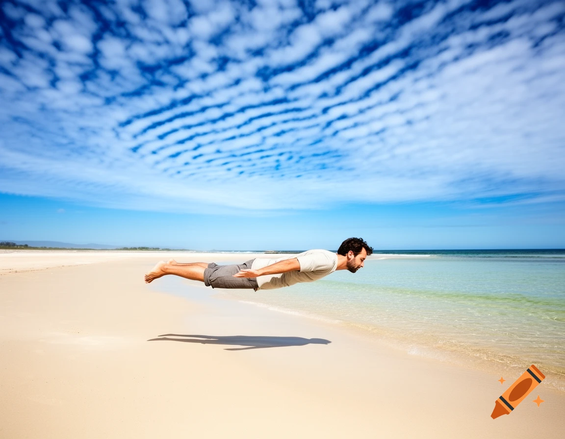 A man floats horizontally above the sand of a sunny beach with clear blue water and patterned clouds.