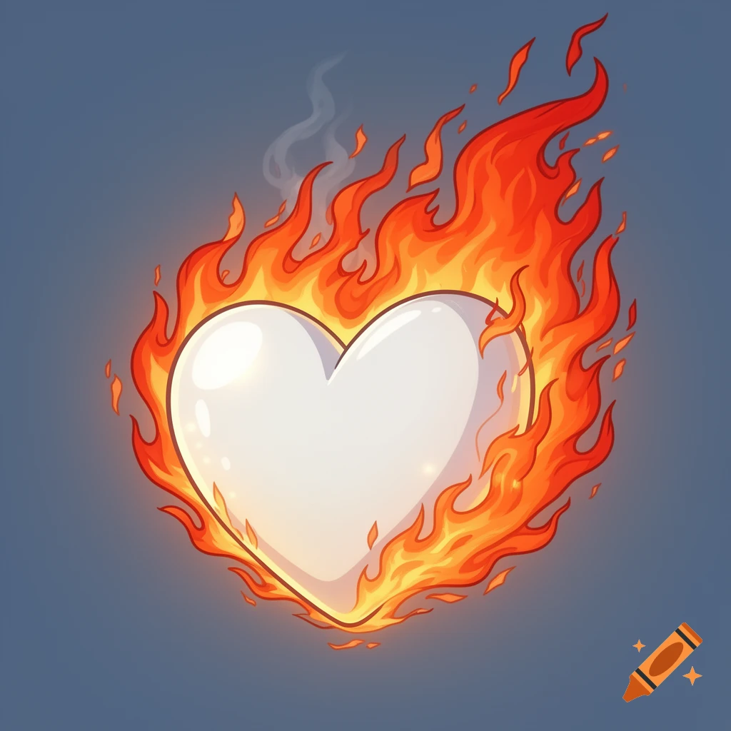 Cartoon illustration of a glossy white heart engulfed in vibrant orange and red flames against a blue background.