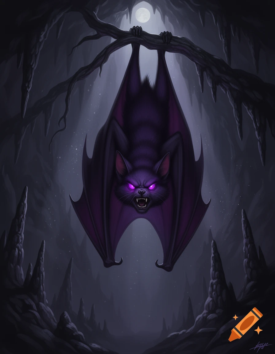 A digital illustration of an angry purple-eyed bat with bared fangs, hanging upside down from a branch in a dark cave under a full moon.