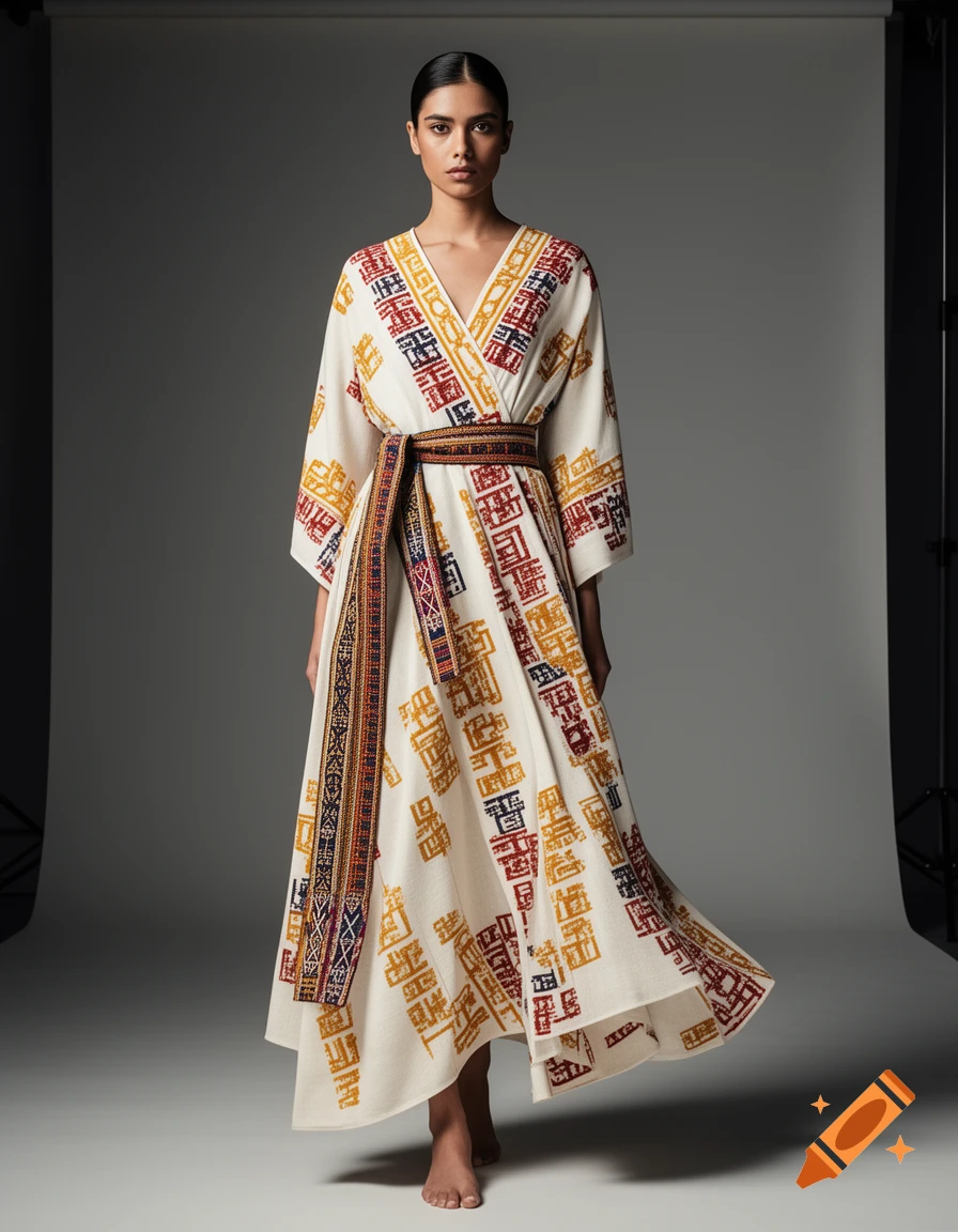 A model wears a bone-white cotton wrap dress with colorful geometric motifs and a woven belt, in a high-fashion studio.