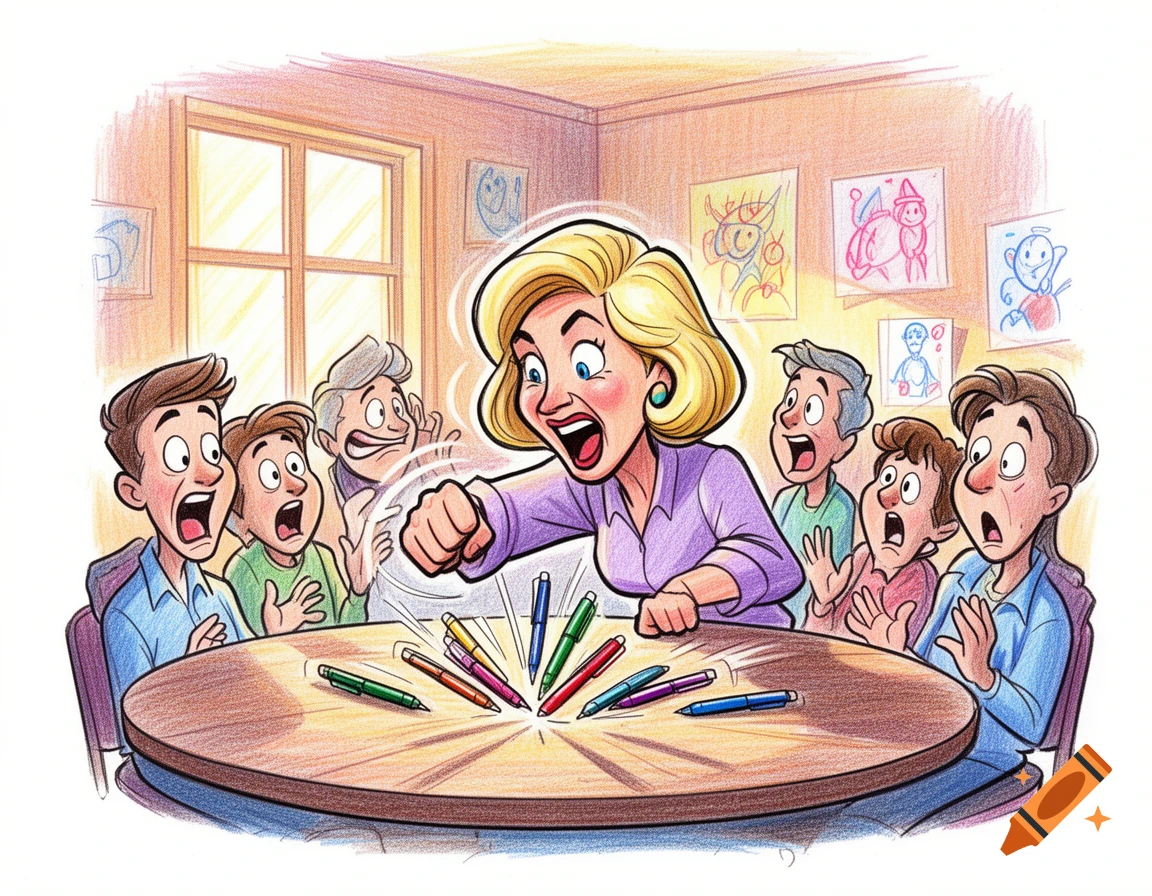 Cartoon illustration of a blonde woman angrily banging her fist on a table, startling five other people around her.
