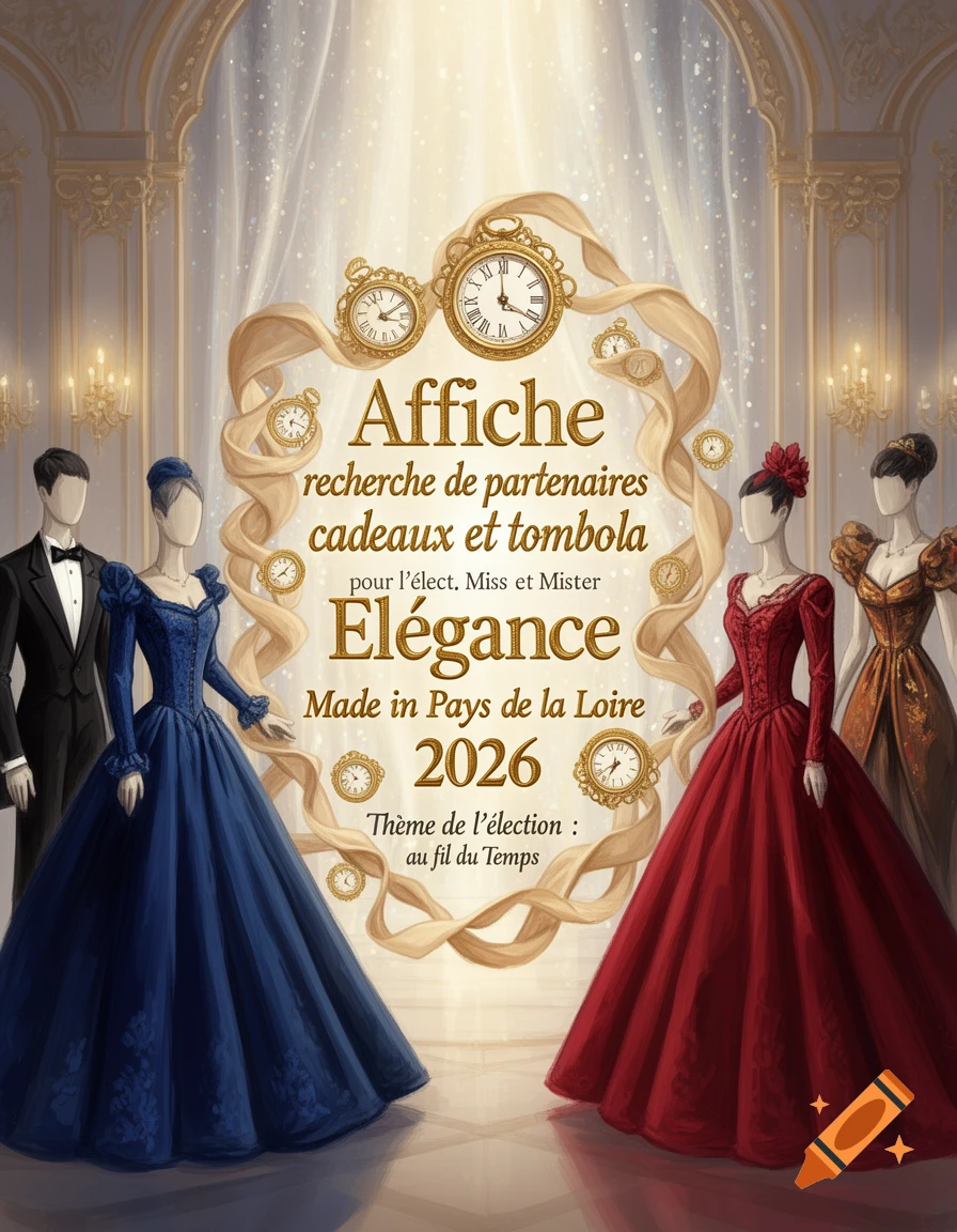 French event poster for 'Miss and Mister Elegance 2026', with mannequins in formal wear and pocket watches in a grand ballroom.