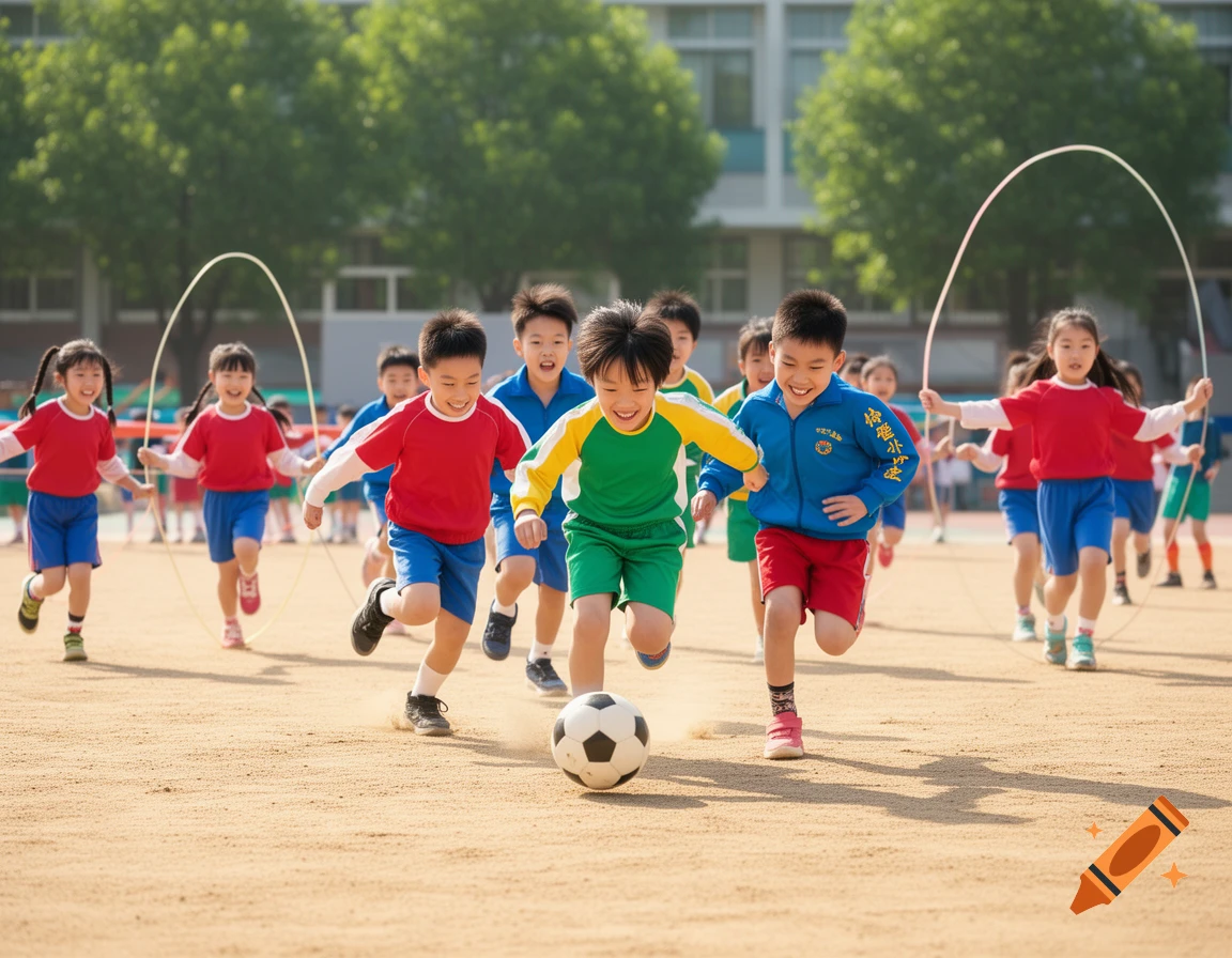 Asian elementary school children playing soccer and skipping rope on a dirt field outdoors.
