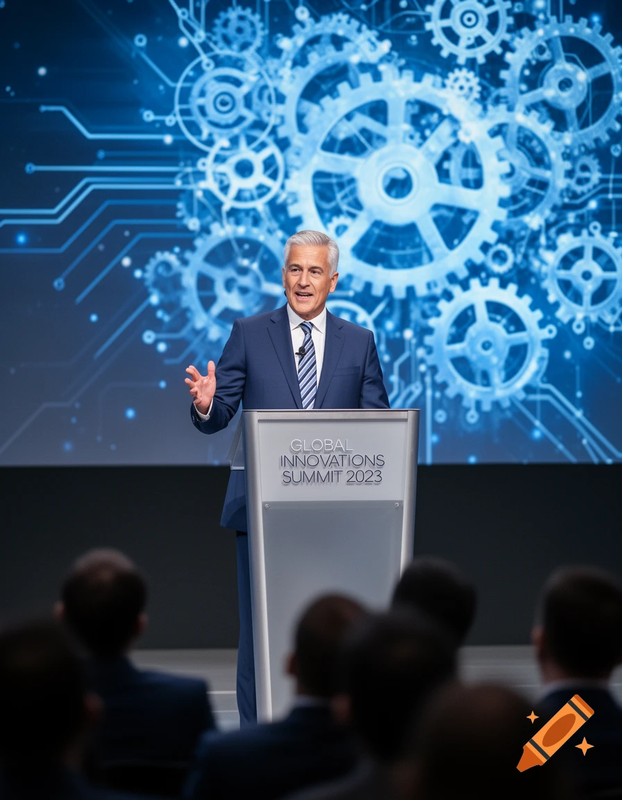 A man in a suit speaks at a podium with "GLOBAL INNOVATIONS SUMMIT 2023" on it, against a background of glowing blue gears and circuits.
