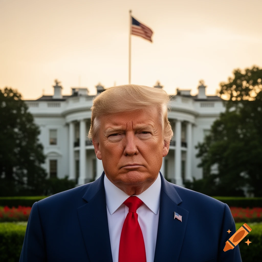 Photorealistic portrait of Donald Trump looking serious, standing in front of the White House with an American flag.