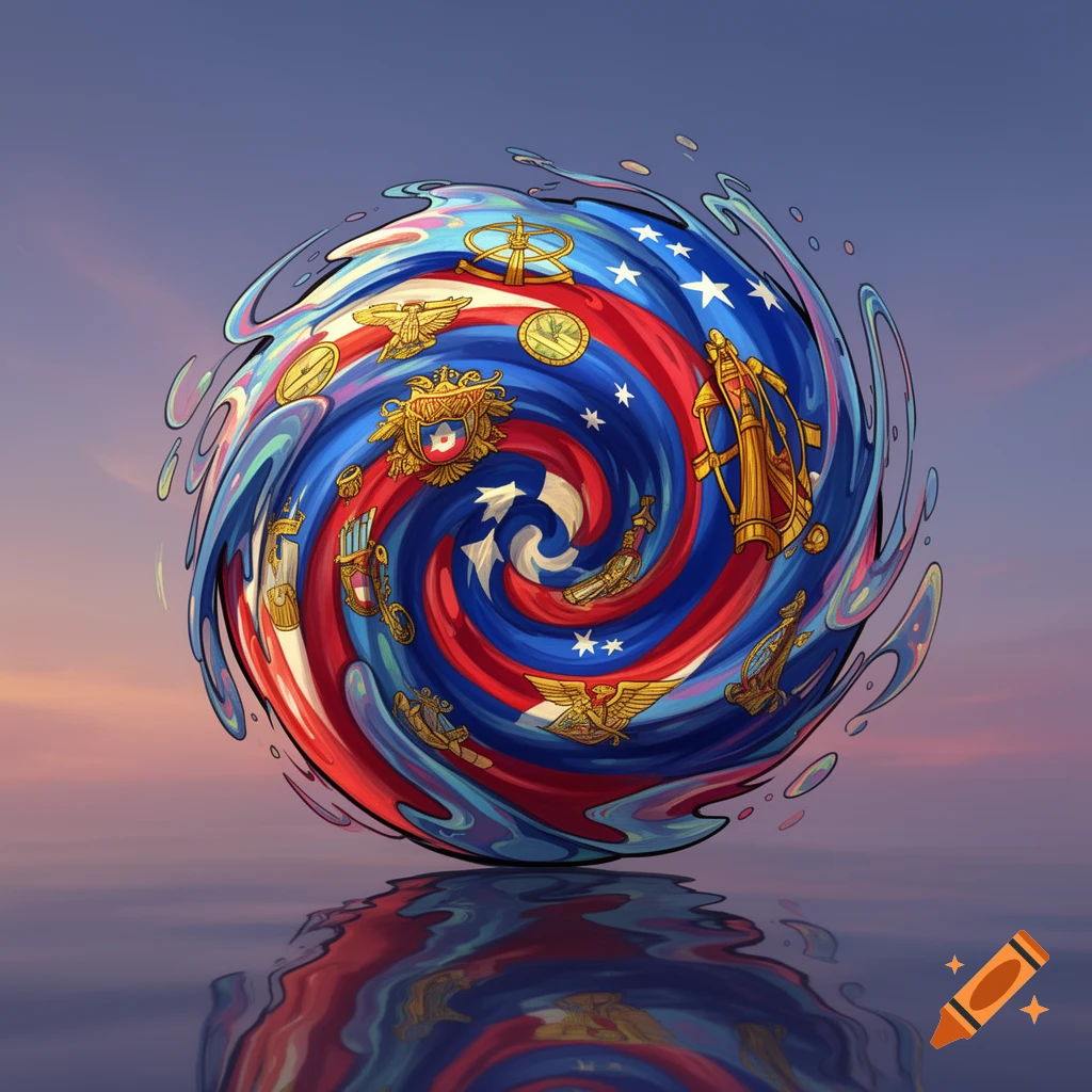 A cartoonish, swirling sphere made of red, white, and blue flag patterns with stars and gold emblems, reflected on water under a sunset sky.
