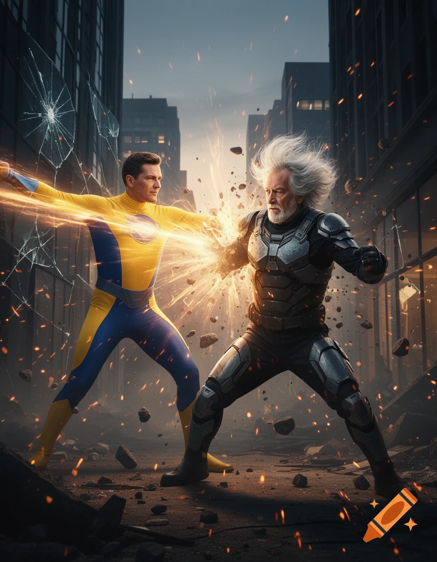 A yellow-suited superhero blasts an armored older man with energy in a debris-filled city street, photorealistic style.
