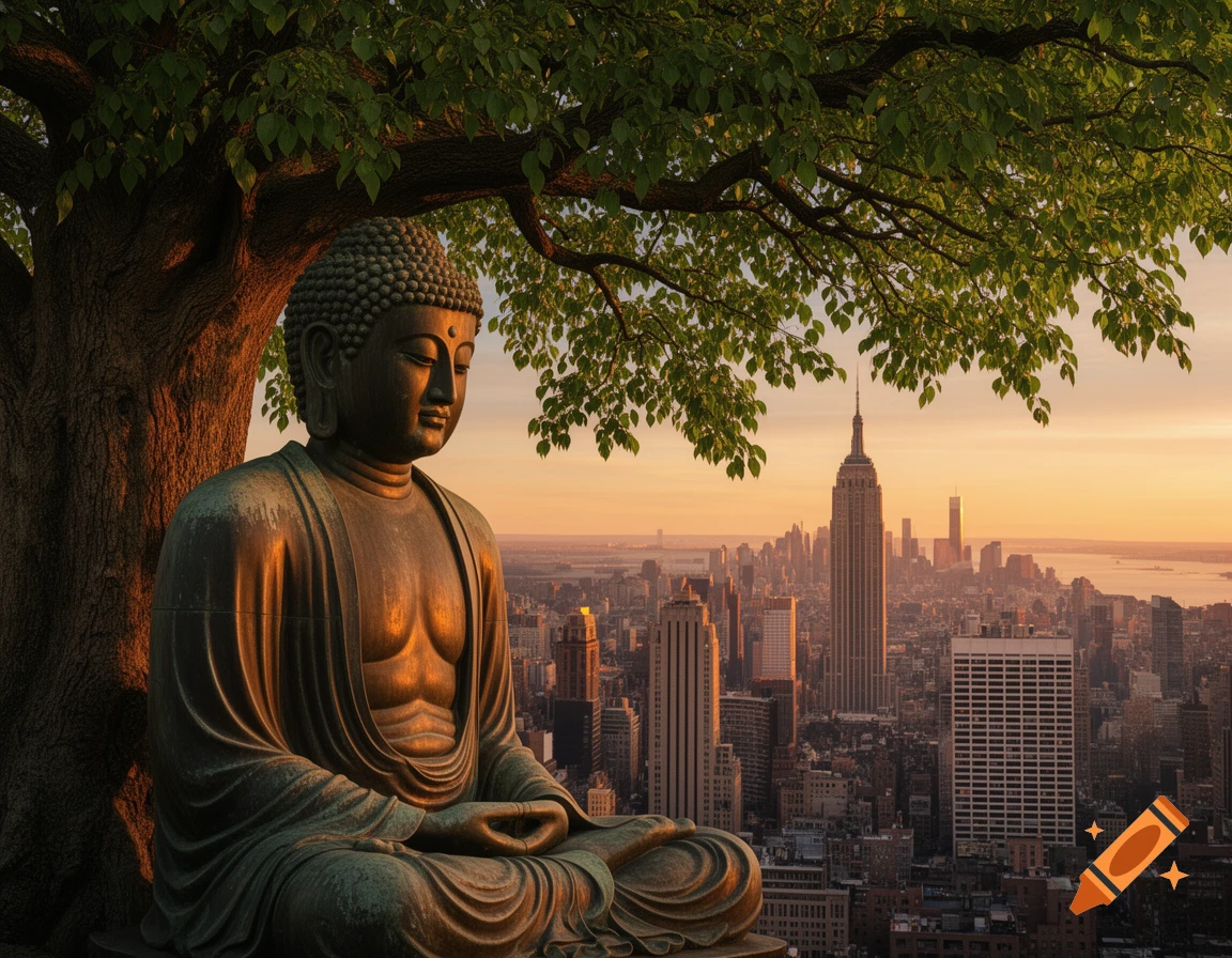 Bronze Buddha statue meditating under a leafy tree overlooking a New York City skyline at sunrise.